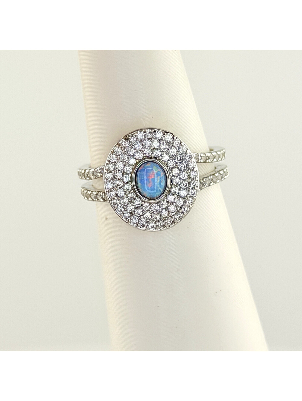 Bomb Party Sz 7 "Sparkling Details" Blue Fire Opal on Rhodium RBP3841 Retro